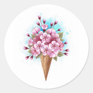 Pink Sakura Ice Cream Waffle Cone Classic Round Sticker
