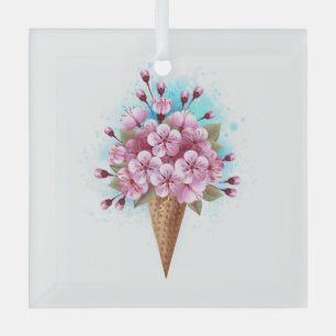 Pink Sakura Ice Cream Waffle Cone Glass Tree Decoration