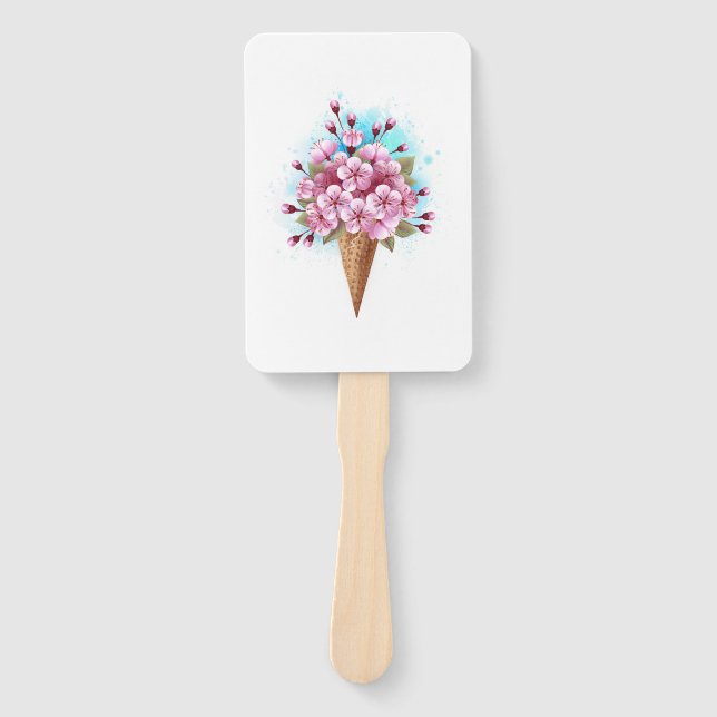 Pink Sakura Ice Cream Waffle Cone Hand Fan (Front)