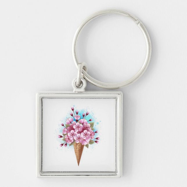 Pink Sakura Ice Cream Waffle Cone Key Ring (Front)