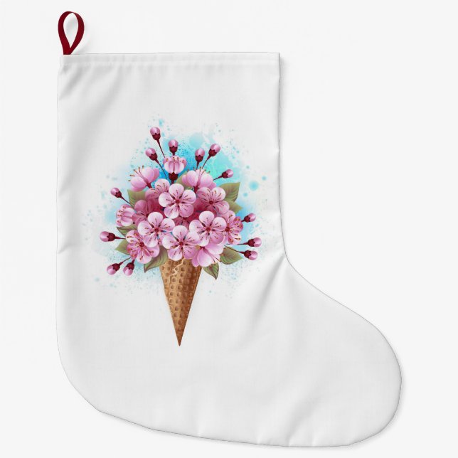 Pink Sakura Ice Cream Waffle Cone Large Christmas Stocking (Front)