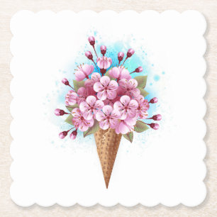 Pink Sakura Ice Cream Waffle Cone Paper Coaster