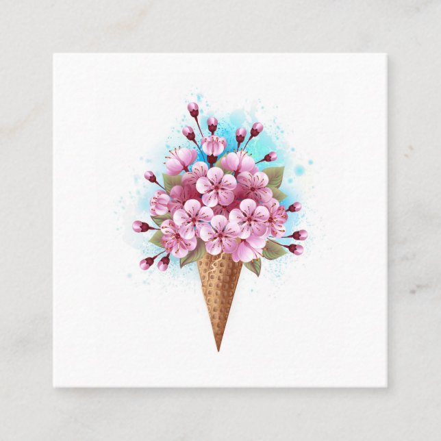 Pink Sakura Ice Cream Waffle Cone Square Business Card (Front)