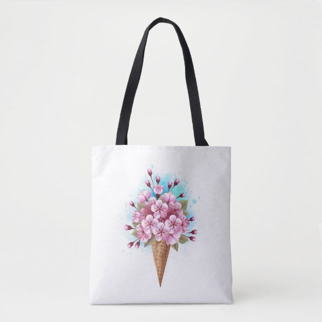 Pink Sakura Ice Cream Waffle Cone Tote Bag (Front)