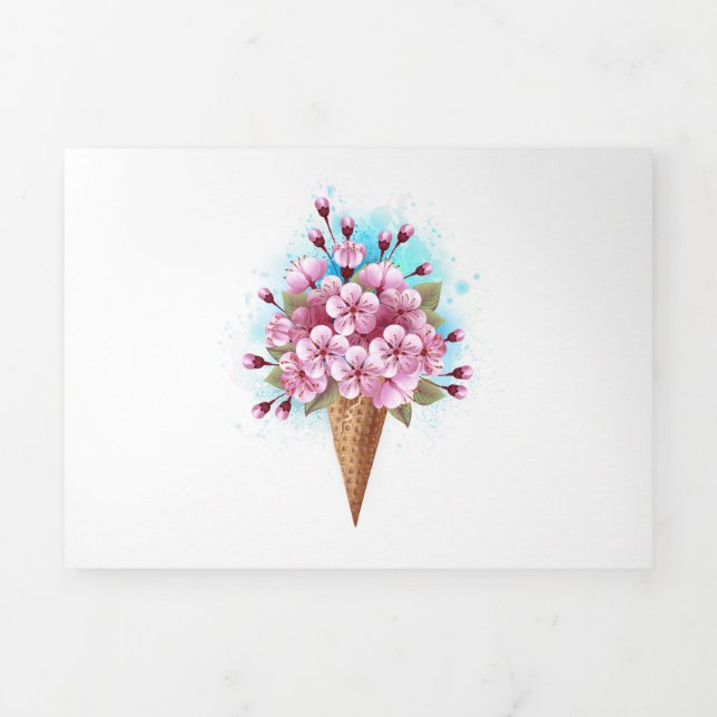 Pink Sakura Ice Cream Waffle Cone Tri-Fold Holiday Card (Cover)