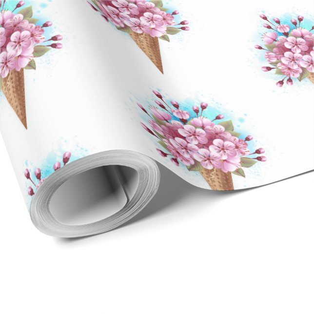 Pink Sakura Ice Cream Waffle Cone Wrapping Paper (Roll Corner)