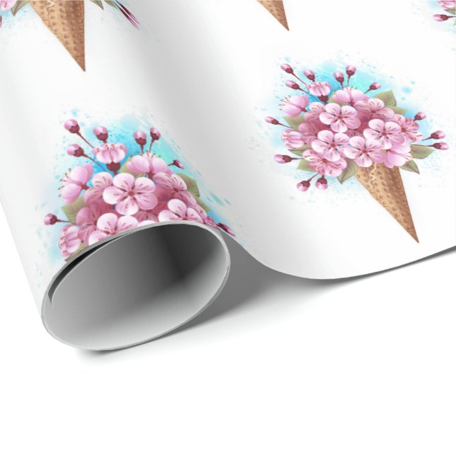 Pink Sakura Ice Cream Waffle Cone Wrapping Paper (Roll Corner)