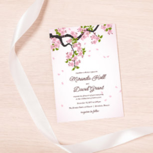 Pink Sakura Japanese Cherry Blossoms Wedding  Invitation