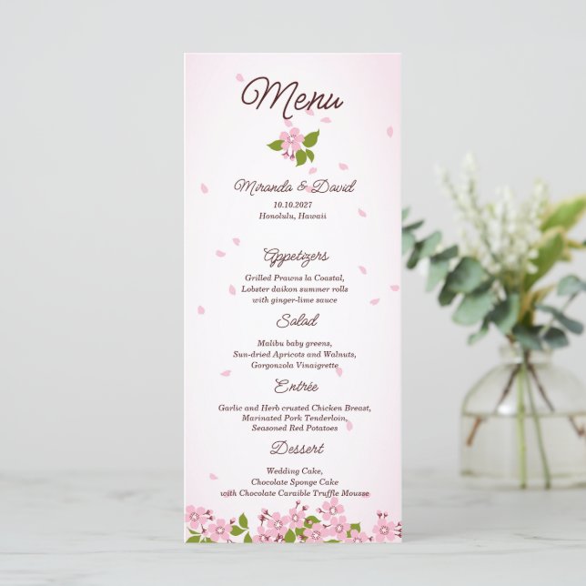 Pink Sakura Japanese Cherry Blossoms Wedding Menu (Standing Front)
