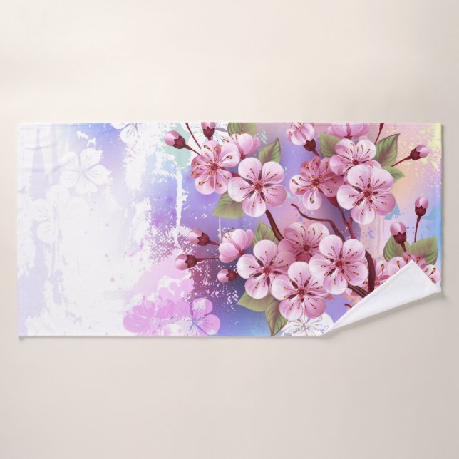 Pink Sakura on Painting Background Bath Towel (Bath Towel)