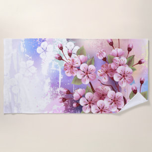 Pink Sakura on Painting Background Beach Towel