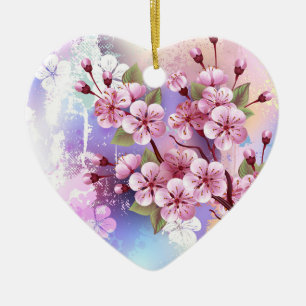 Pink Sakura on Painting Background Ceramic Tree Decoration
