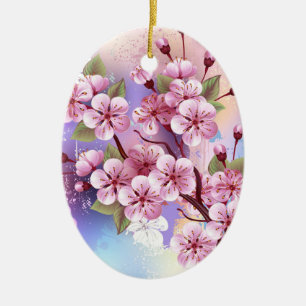 Pink Sakura on Painting Background Ceramic Tree Decoration