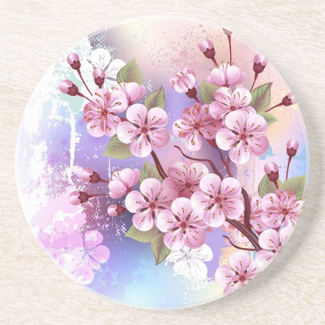 Pink Sakura on Painting Background Coaster (Front)