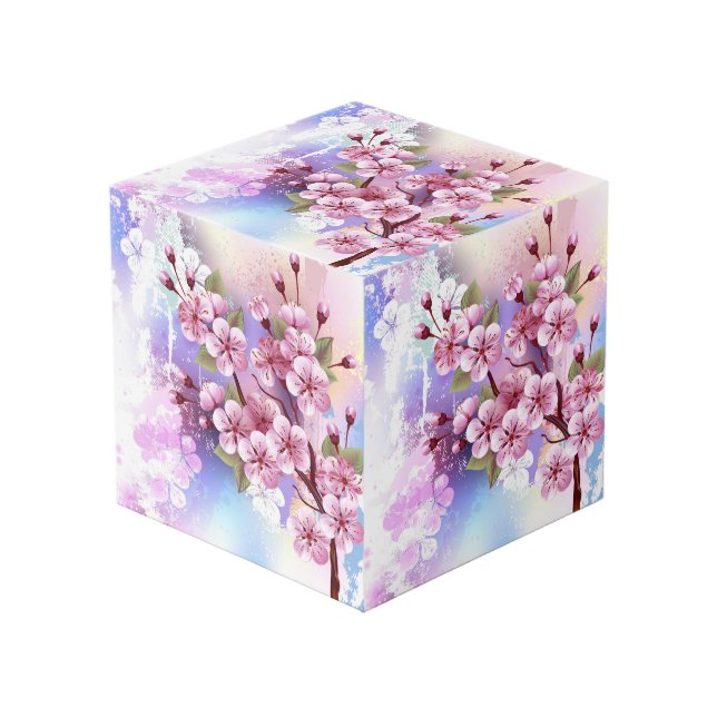 Pink Sakura on Painting Background Cube (Front Angled)