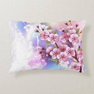 Pink Sakura on Painting Background Decorative Cushion