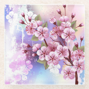 Pink Sakura on Painting Background Glass Coaster