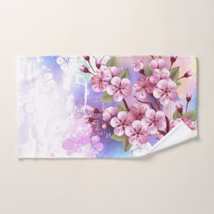 Pink Sakura on Painting Background Hand Towel