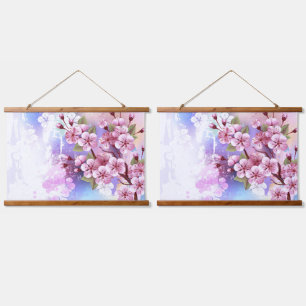 Pink Sakura on Painting Background Hanging Tapestry