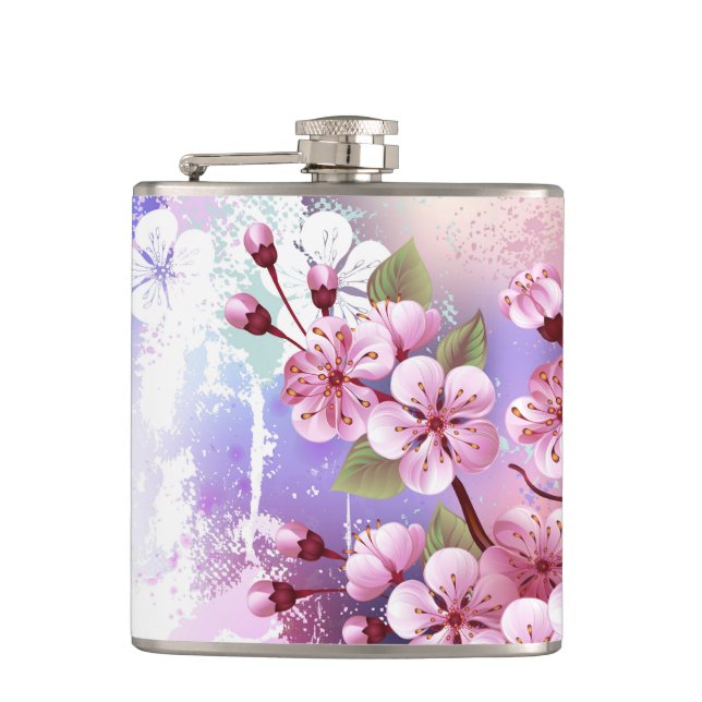 Pink Sakura on Painting Background Hip Flask (Front)
