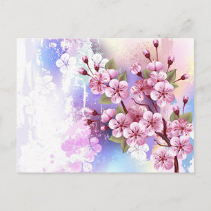 Pink Sakura on Painting Background Invitation Postcard