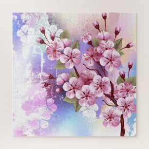 Pink Sakura on Painting Background Jigsaw Puzzle