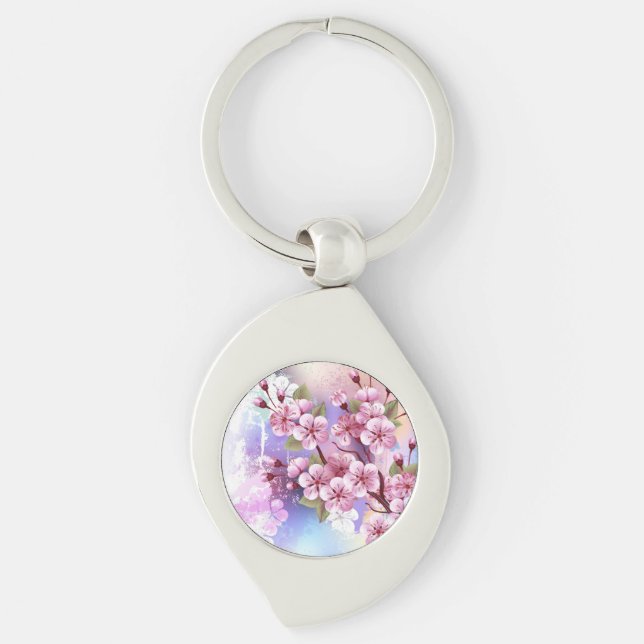 Pink Sakura on Painting Background Key Ring (Front)
