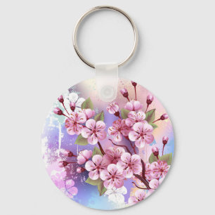 Pink Sakura on Painting Background Key Ring