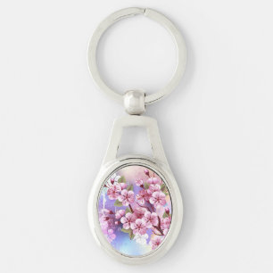 Pink Sakura on Painting Background Key Ring