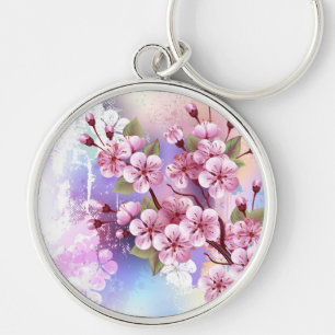 Pink Sakura on Painting Background Key Ring