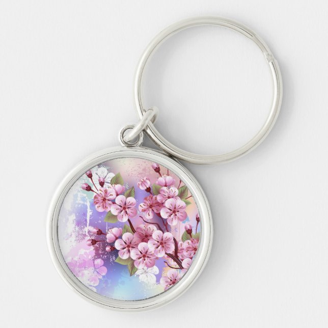 Pink Sakura on Painting Background Key Ring (Front)