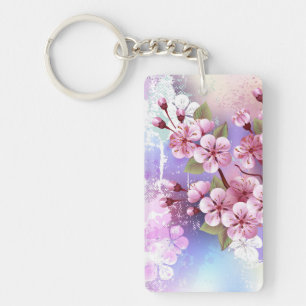 Pink Sakura on Painting Background Key Ring