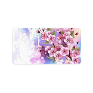 Pink Sakura on Painting Background Label