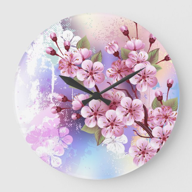 Pink Sakura on Painting Background Large Clock (Front)