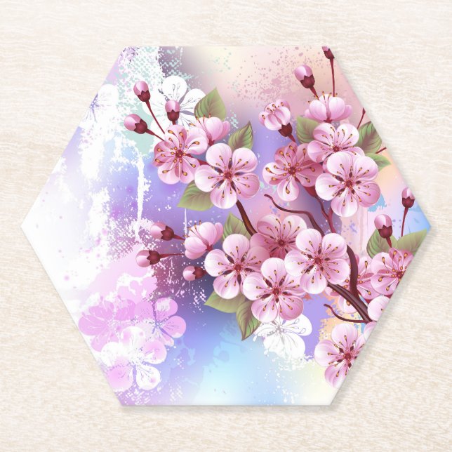 Pink Sakura on Painting Background Paper Coaster (Front)