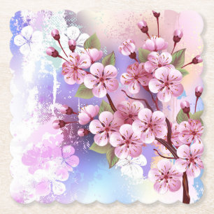 Pink Sakura on Painting Background Paper Coaster