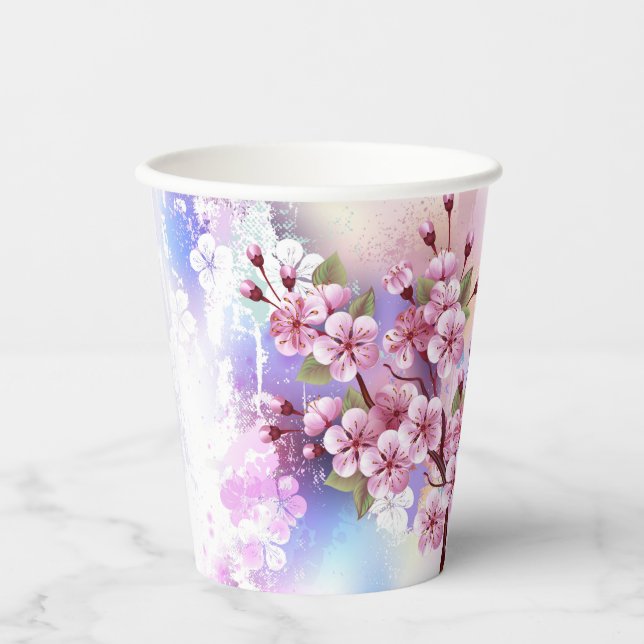 Pink Sakura on Painting Background Paper Cups (Front)