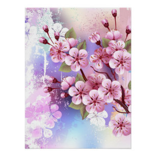 Pink Sakura on Painting Background Poster