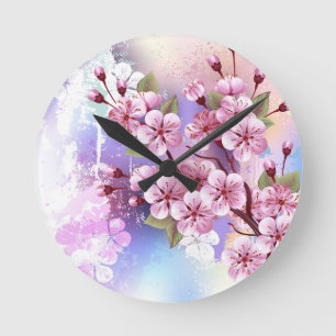 Pink Sakura on Painting Background Round Clock