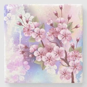 Pink Sakura on Painting Background Stone Coaster