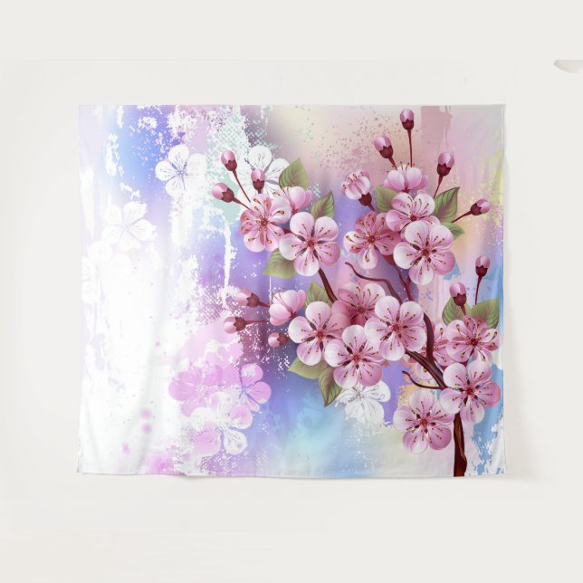 Pink Sakura on Painting Background Tapestry (Front (Horizontal))