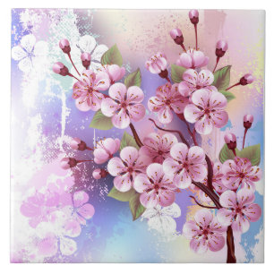 Pink Sakura on Painting Background Tile