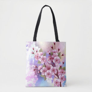 Pink Sakura on Painting Background Tote Bag