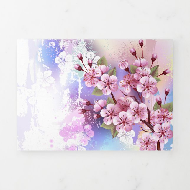 Pink Sakura on Painting Background Tri-Fold Card (Cover)
