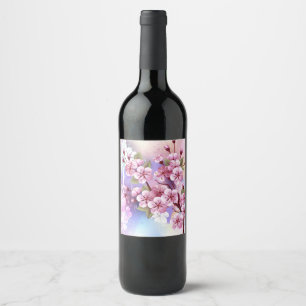 Pink Sakura on Painting Background Wine Label