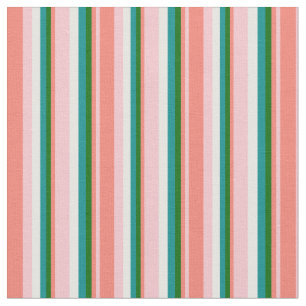 Pink, Salmon, Dark Green, Dark Cyan & White Lines Fabric