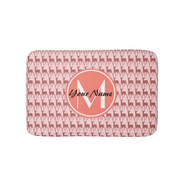 Pink Salmon Deer, Custom Monogram, Personalised Bath Mat (Front)