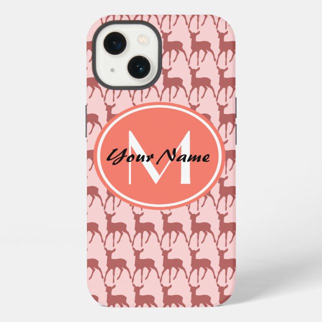 Pink Salmon Deer, Custom Monogram, Personalised iPhone Case (Back)