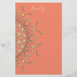 Pink Salmon & Gold Filigree Mandala With Diamonds Stationery