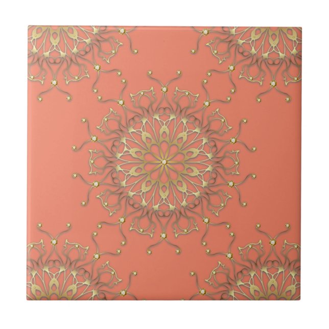 Pink Salmon & Gold Filigree Mandala With Diamonds Tile (Front)